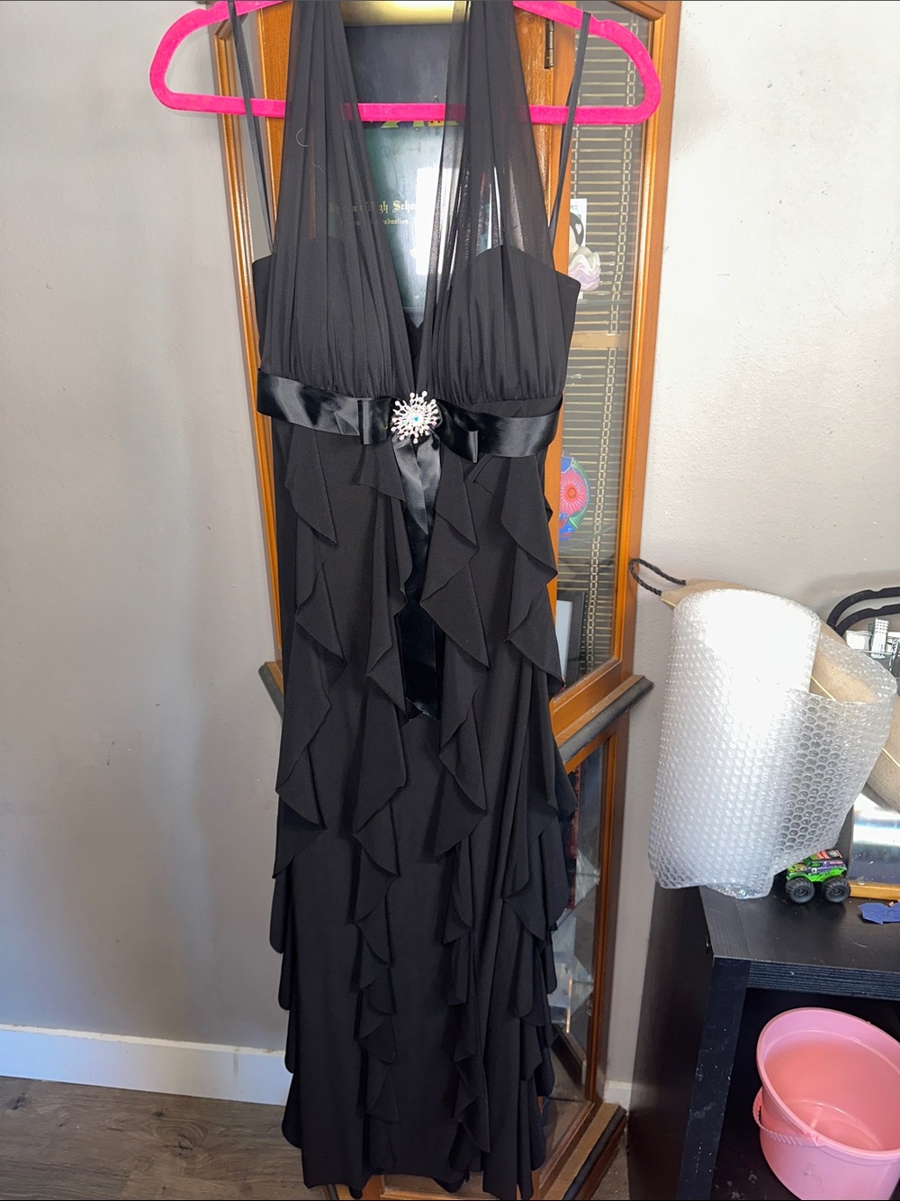 Betsy & Adam Black Ruffled Halter Evening Gown with Satin Waistband